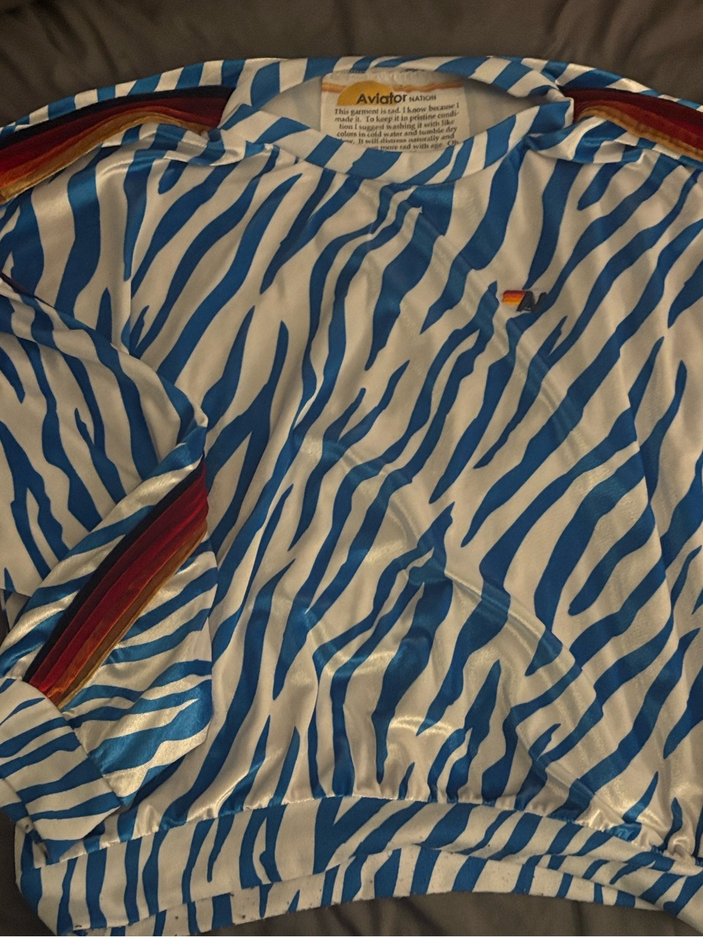 Aviator Nation Blue and White Zebra Stripe Pullover with Rainbow Trim worn 1x